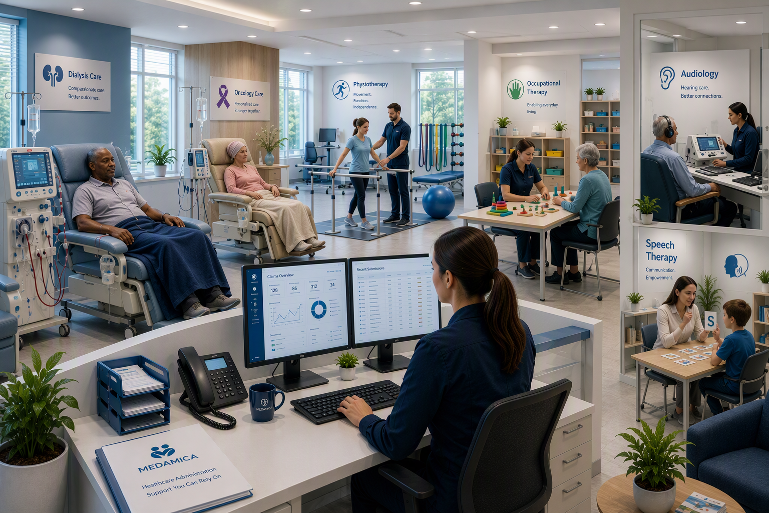 Healthcare disciplines supported by Medamica including nephrology, oncology, radiology, allied health and mental health services